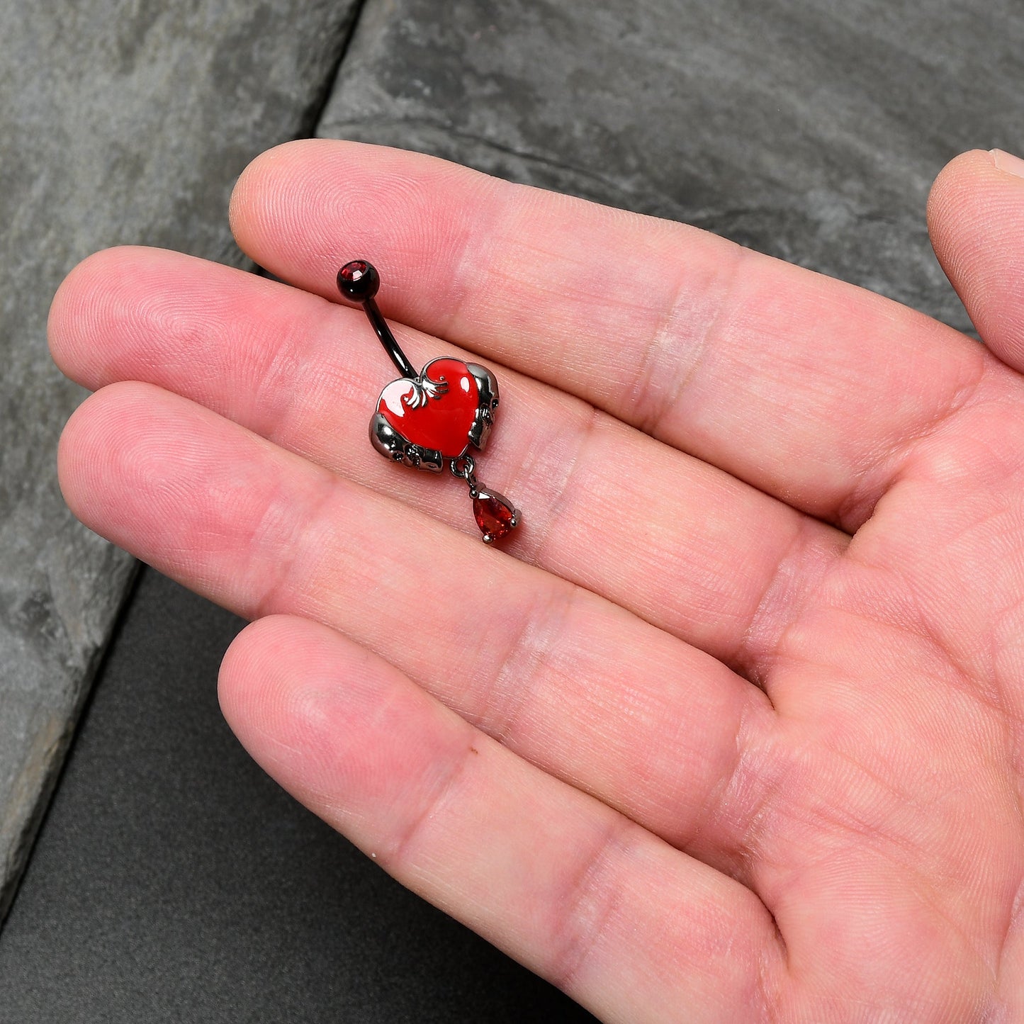 Red CZ Gem Black Double Skull Heart Dangle Belly Ring