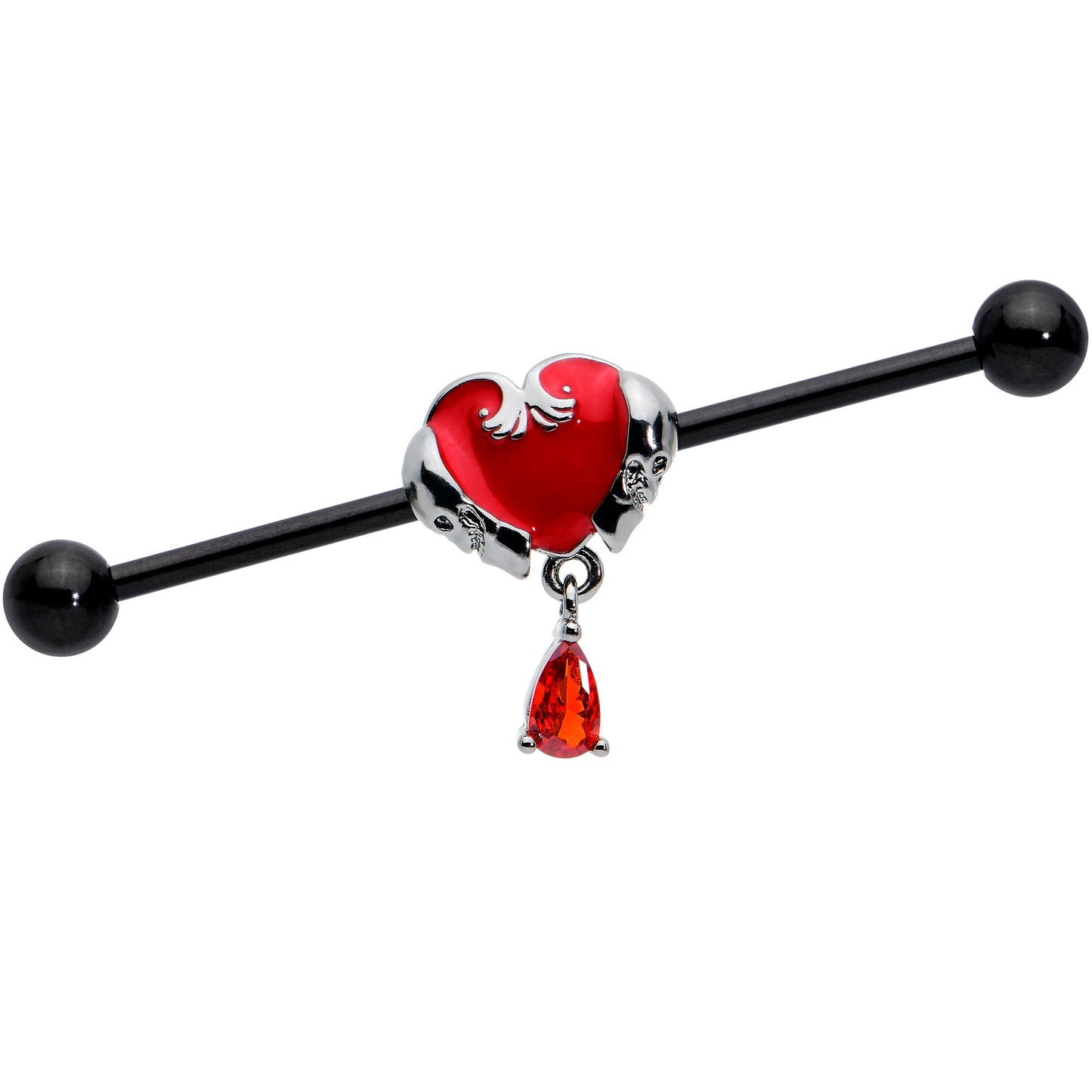 14G Red CZ Gem Black Duo Skull Heart Dangle Industrial Barbell 38mm