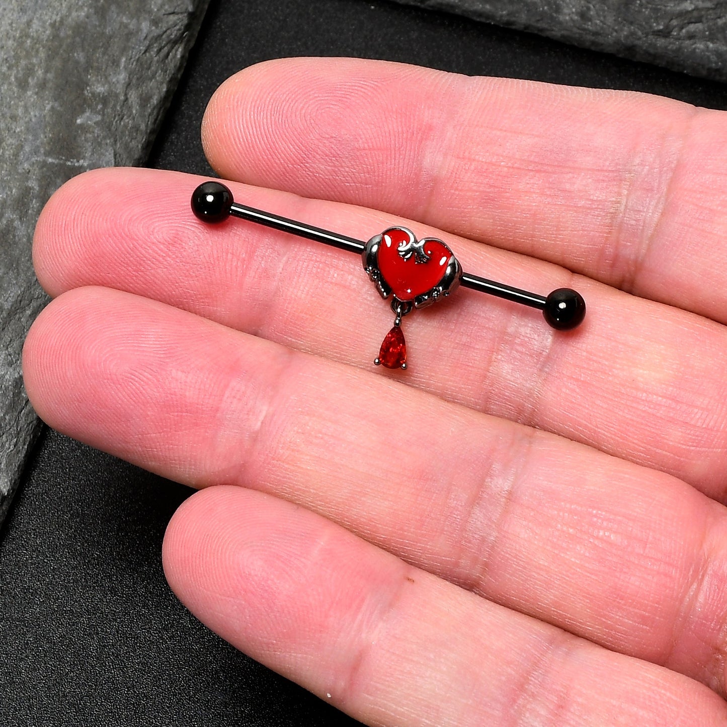 14G Red CZ Gem Black Duo Skull Heart Dangle Industrial Barbell 38mm