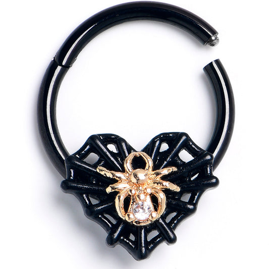 16G 3/8 Clear Gem Black Golden Spider Web Heart Hinged Segment Ring