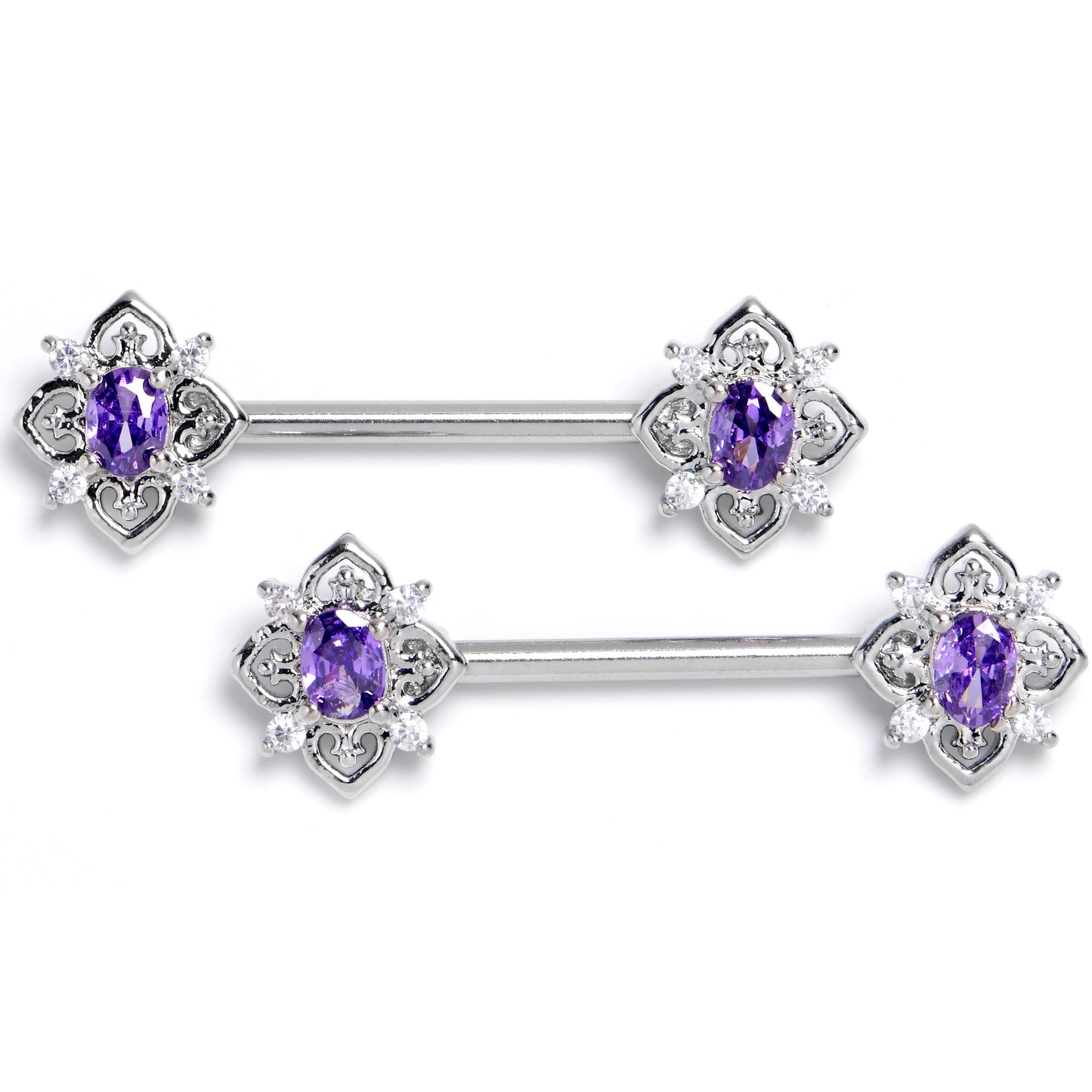 14G 9/16 Purple Gem Lace Look Hearts Barbell Nipple Ring Set