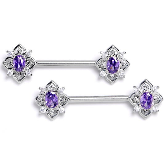 14G 9/16 Purple Gem Lace Look Hearts Barbell Nipple Ring Set