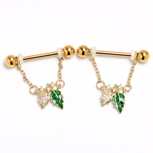 14G 9/16 Clear Gem Gold Tone Natures Glamour Dangle Nipple Ring Set