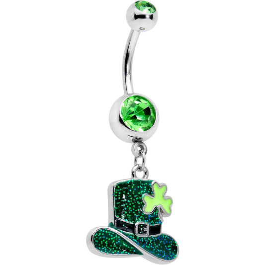 Green Gem Glitter Top Hat Shamrock St Patricks Day Dangle Belly Ring