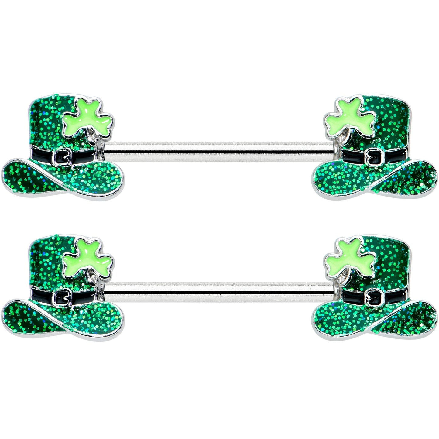14G 9/16 Glitter Top Hat Shamrock Barbell Nipple Ring Set
