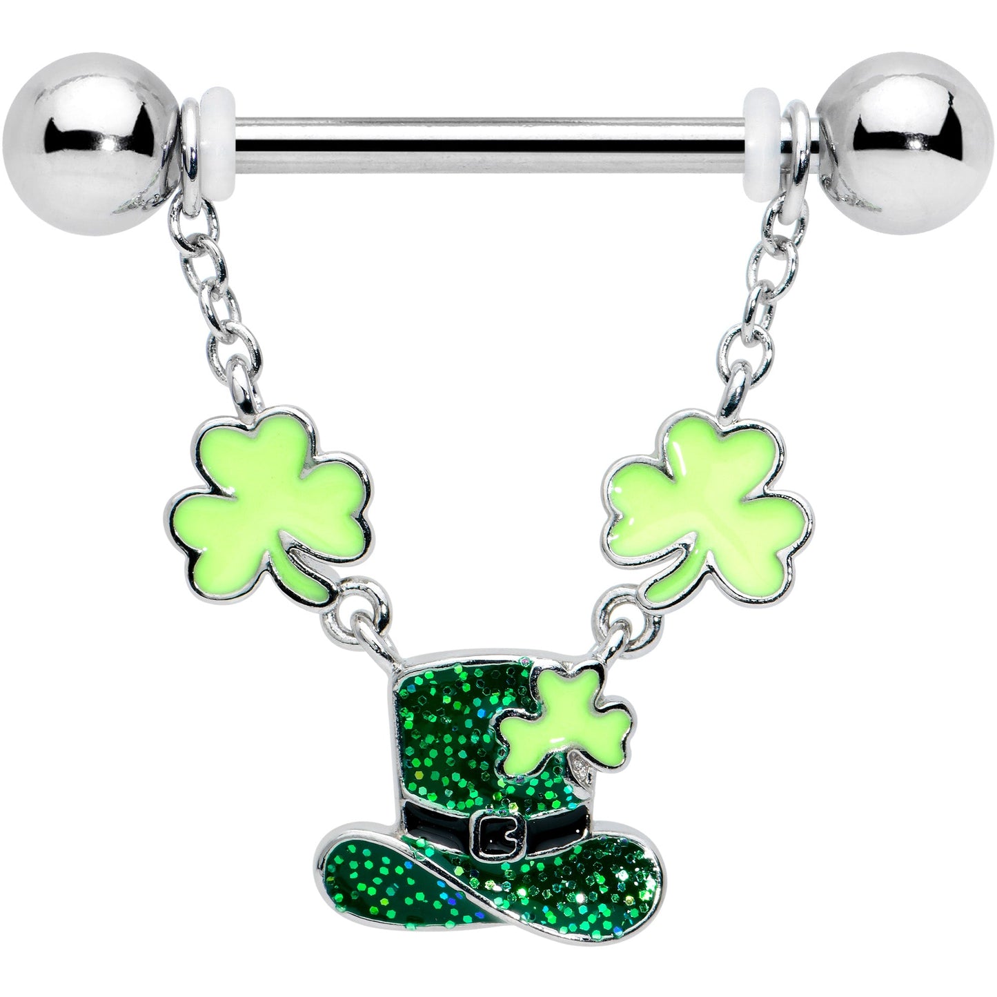 14G 9/16 Glitter Top Hat Shamrock Chain Dangle Nipple Ring Set
