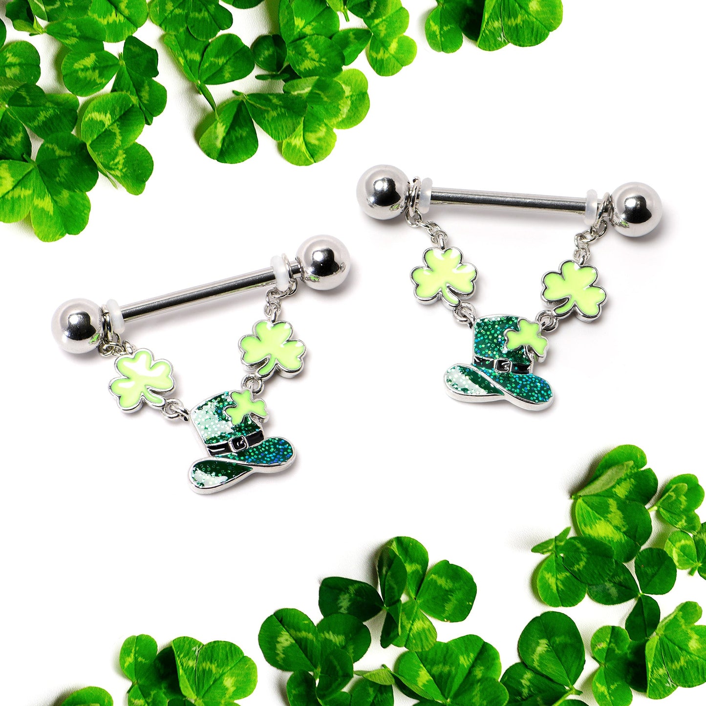 14G 9/16 Glitter Top Hat Shamrock Chain Dangle Nipple Ring Set