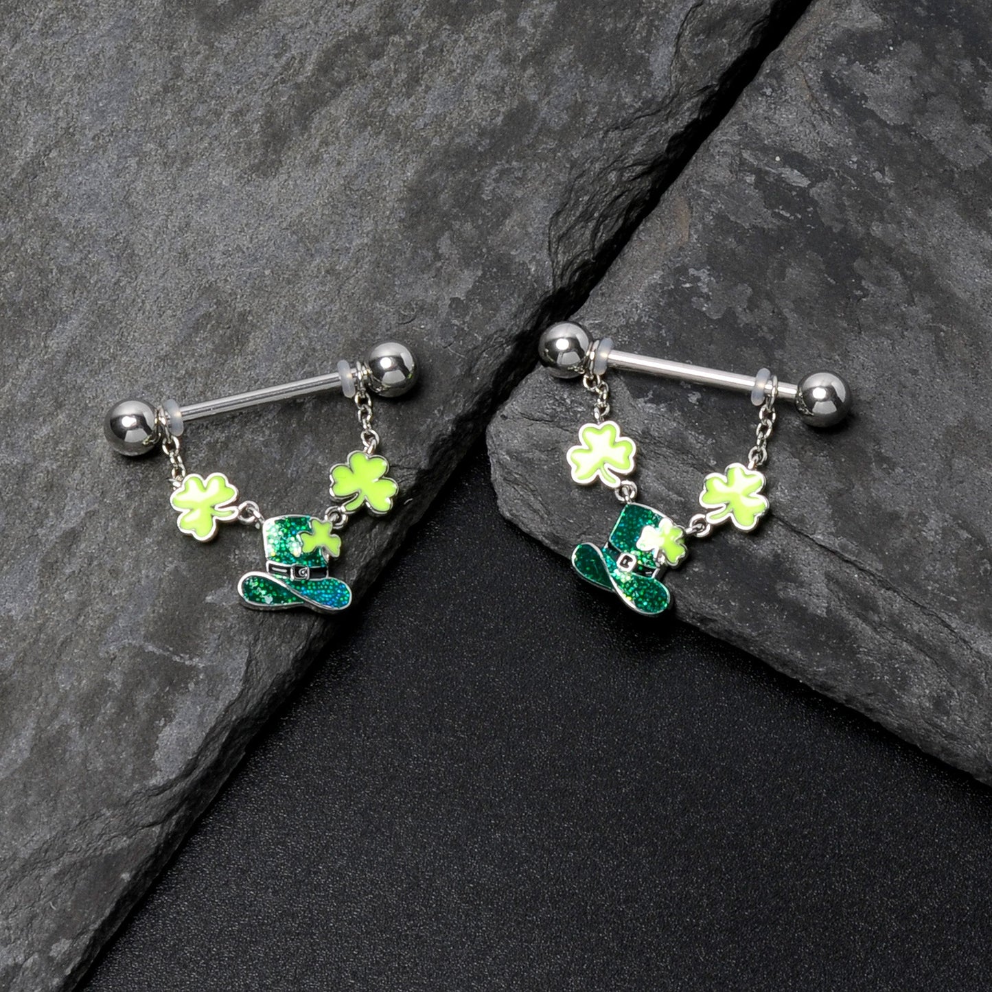 14G 9/16 Glitter Top Hat Shamrock Chain Dangle Nipple Ring Set