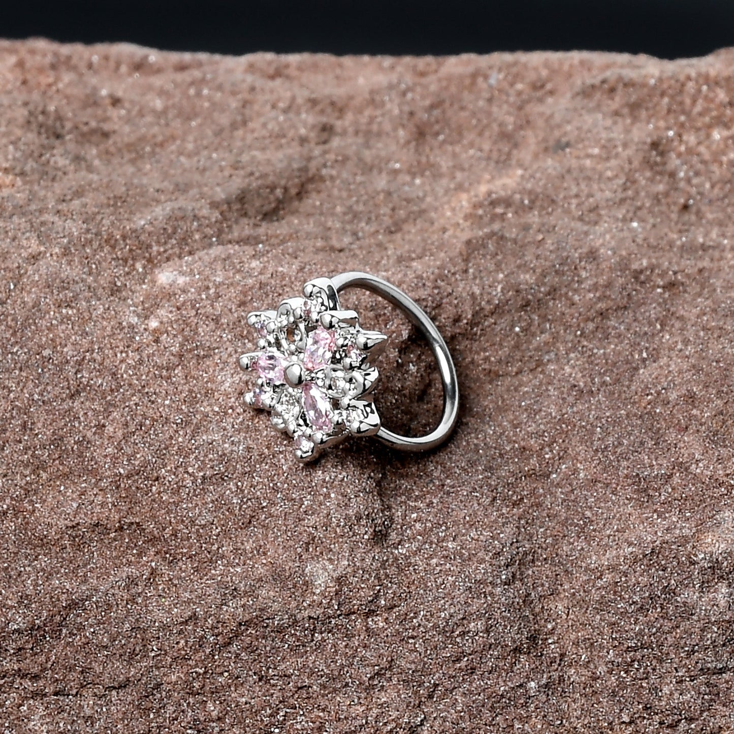 20G 5/16 Pink Clear CZ Gem Snowflake Nose Hoop