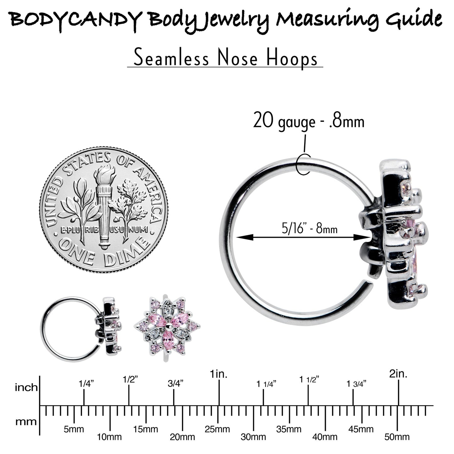 20G 5/16 Pink Clear CZ Gem Snowflake Nose Hoop