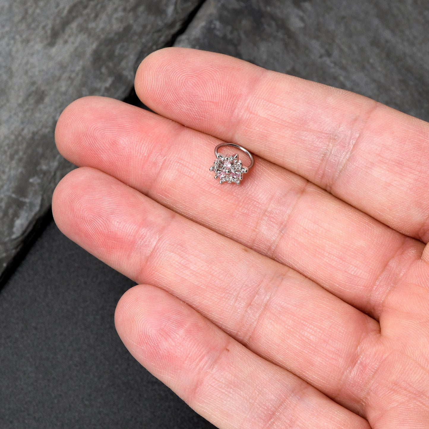 20G 5/16 Pink Clear CZ Gem Snowflake Nose Hoop