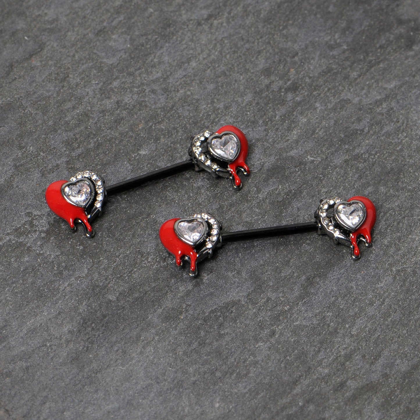 14G 9/16 Clear Gem Black Bleeding Heart Barbell Nipple Ring Set