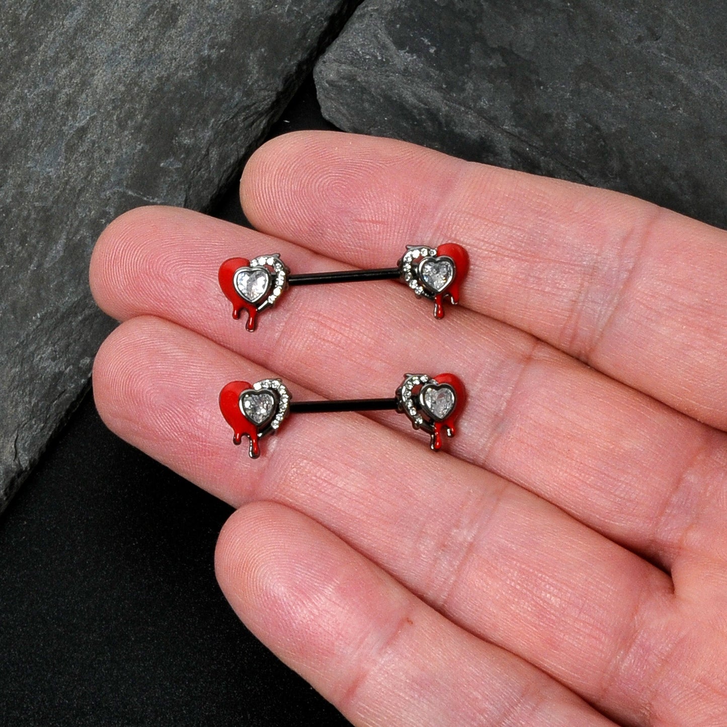 14G 9/16 Clear Gem Black Bleeding Heart Barbell Nipple Ring Set