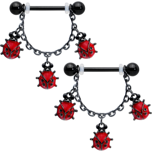 14G 9/16 Black Classic Ladybug Dangle Nipple Ring Set