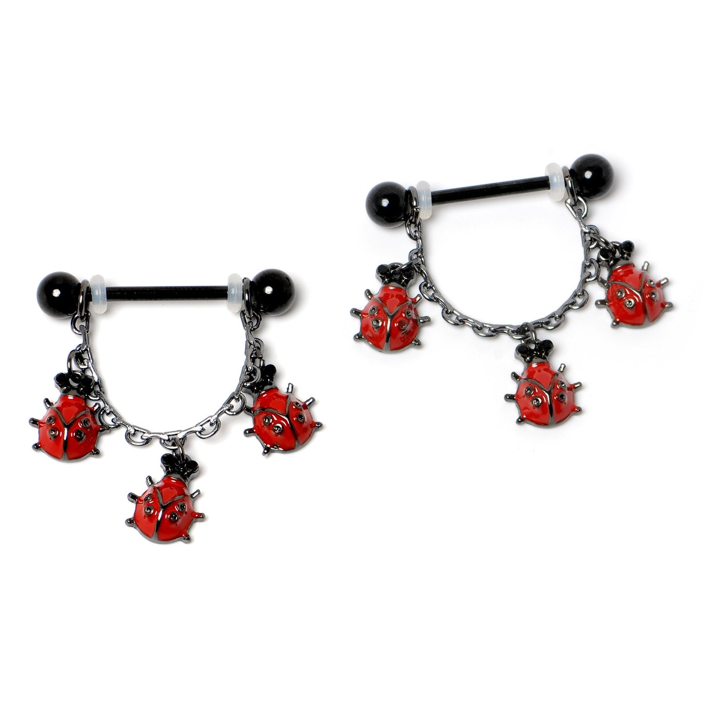 14G 9/16 Black Classic Ladybug Dangle Nipple Ring Set