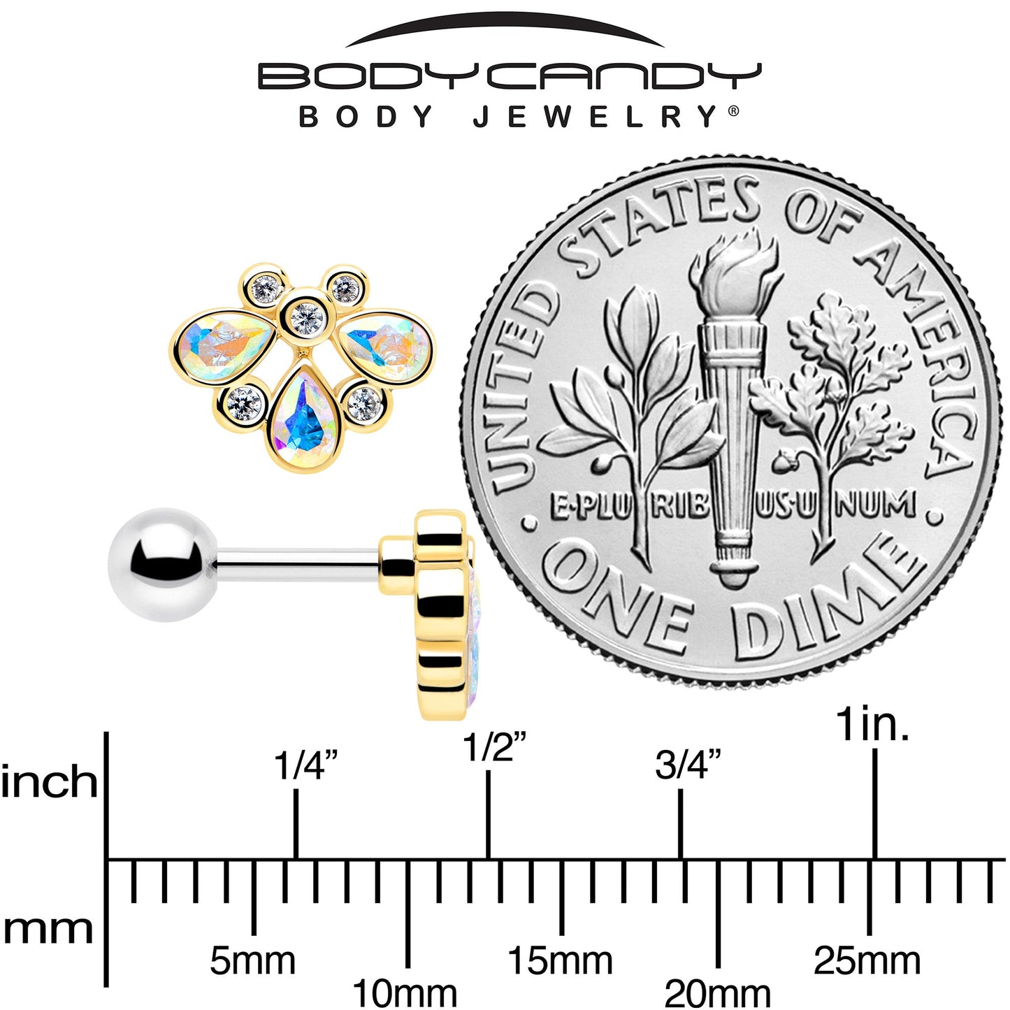 16G 1/4 Aurora Gem Golden Crown Deluxe Cartilage Tragus Earring