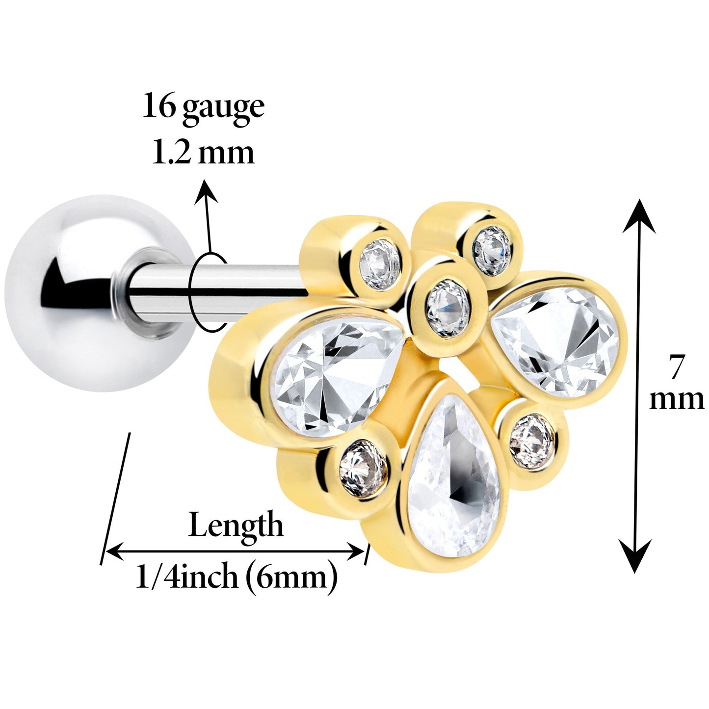 16G 1/4 Clear Gem Golden Crown Deluxe Cartilage Tragus Earring