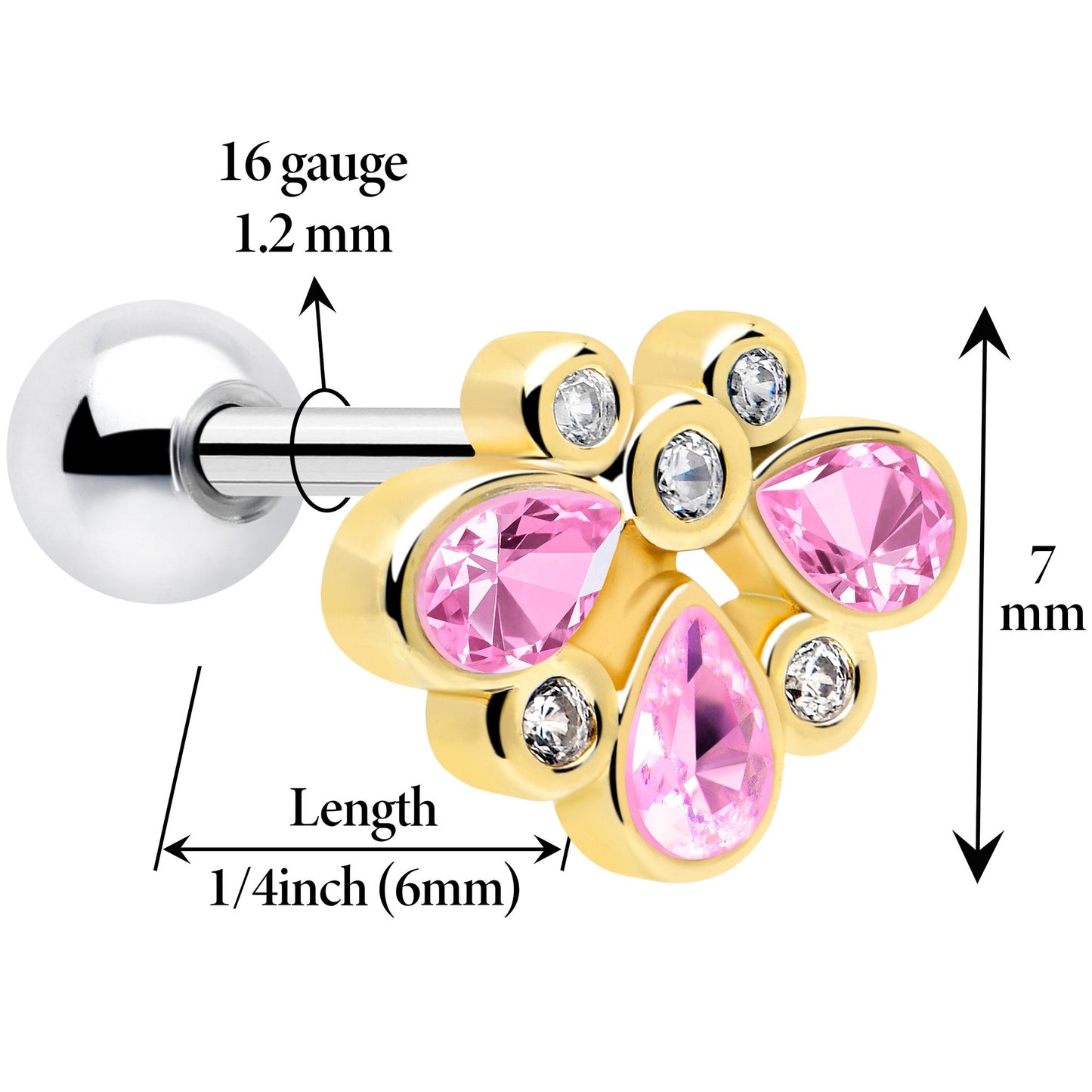16G 1/4 Pink Gem Golden Crown Deluxe Cartilage Tragus Earring