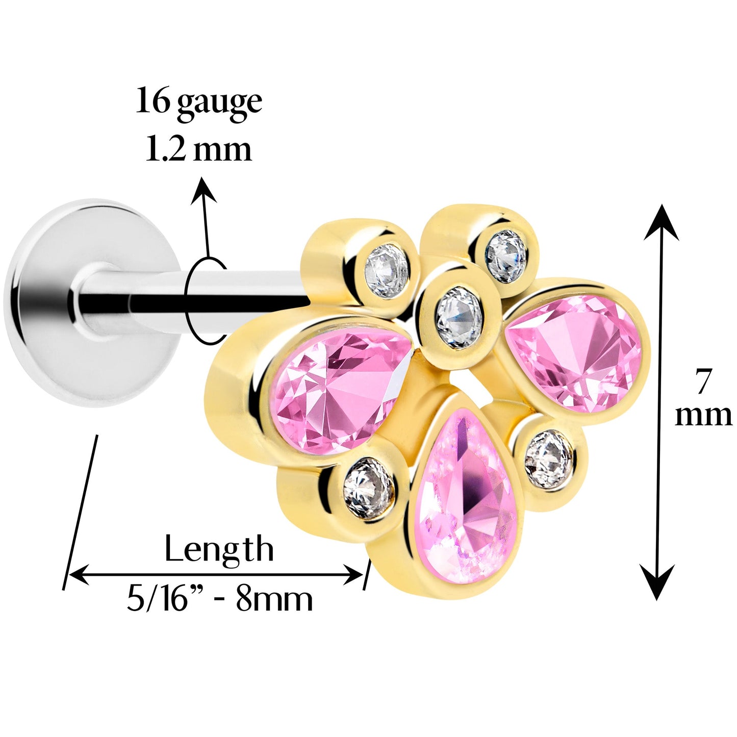 16G 1/4 Pink Gem Golden Crown Deluxe Labret