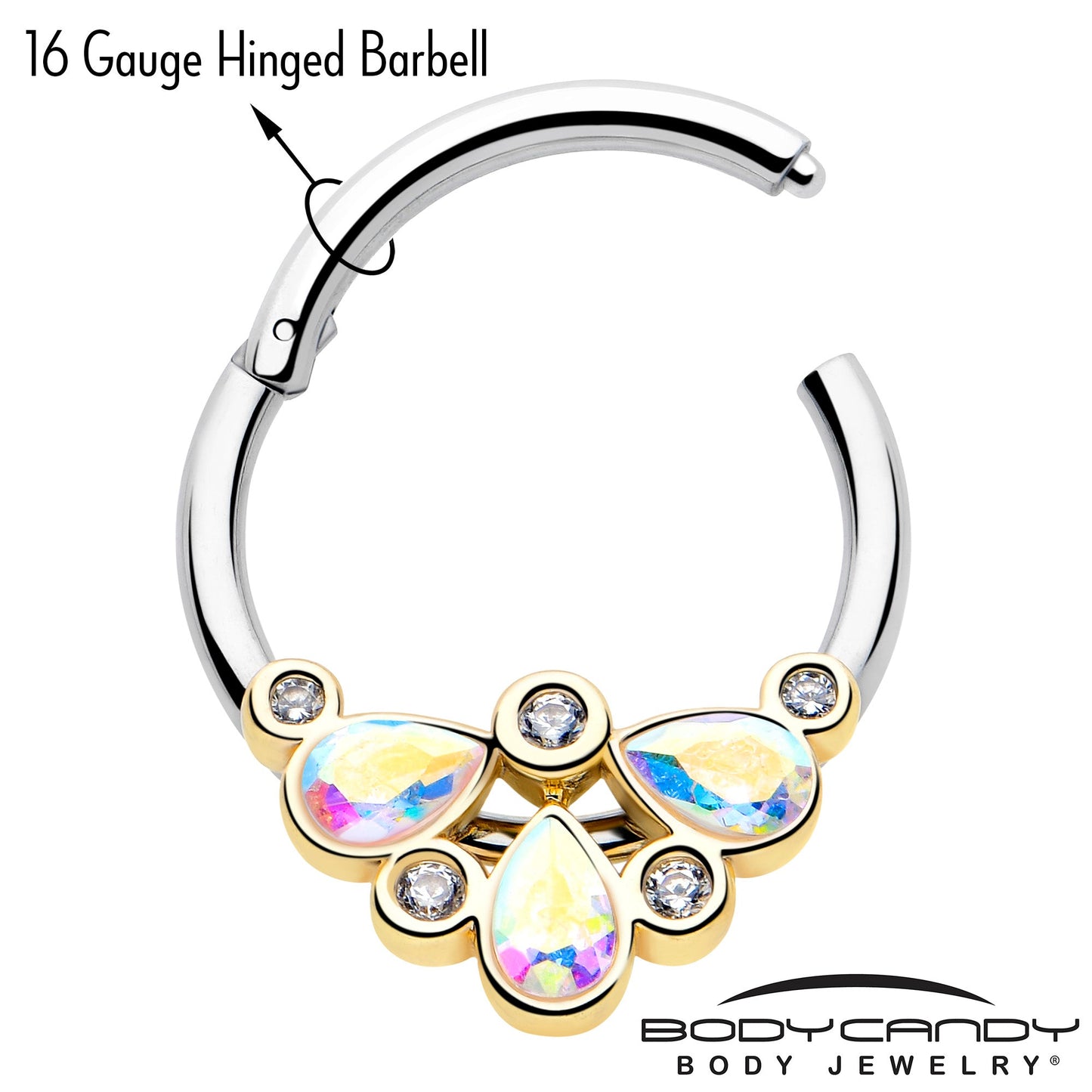 16G 3/8 Aurora Gem Golden Crown Deluxe Hinged Segment Ring