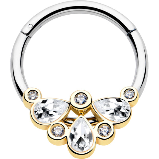 16G 3/8 Clear Gem Golden Crown Deluxe Hinged Segment Ring