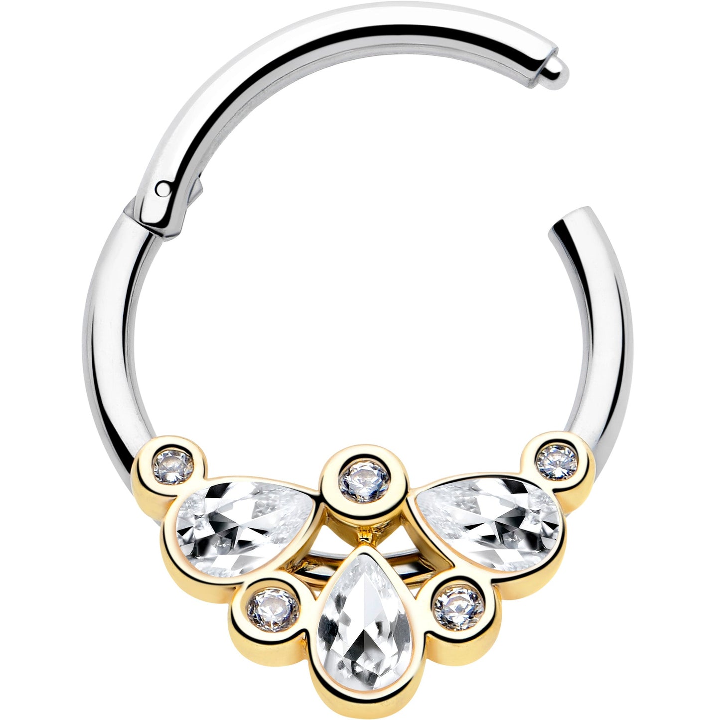 16G 3/8 Clear Gem Golden Crown Deluxe Hinged Segment Ring