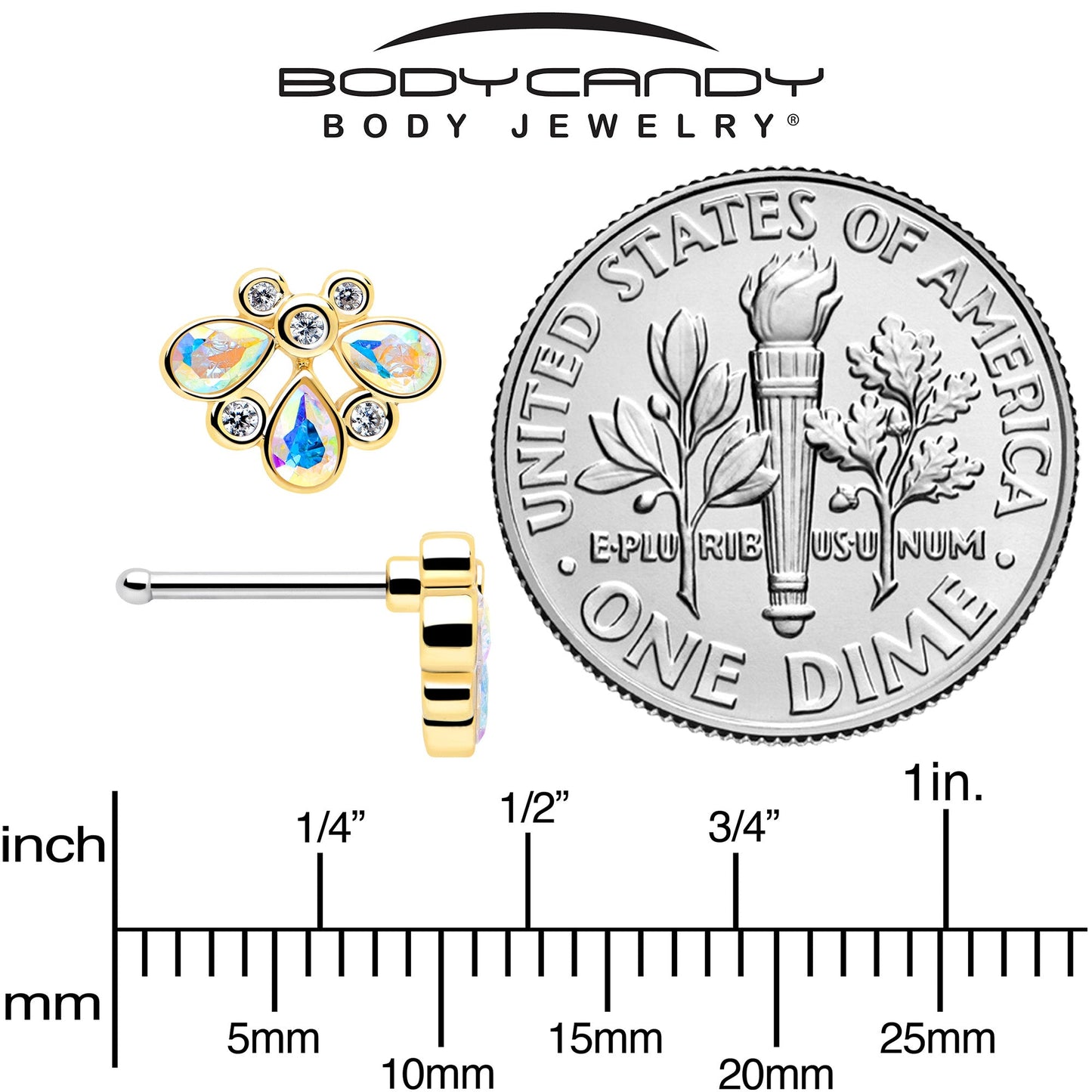 20G 1/4 Aurora Gem Golden Crown Deluxe Nose Bone