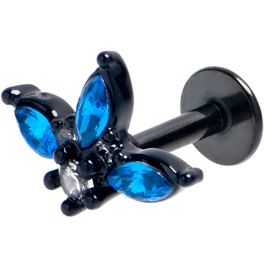 16G 1/4 Blue Clear Gem Black Goth Flower Labret Tragus