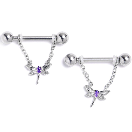 14G 9/16 Purple Gem Texture Dragonfly Dangle Nipple Ring Set