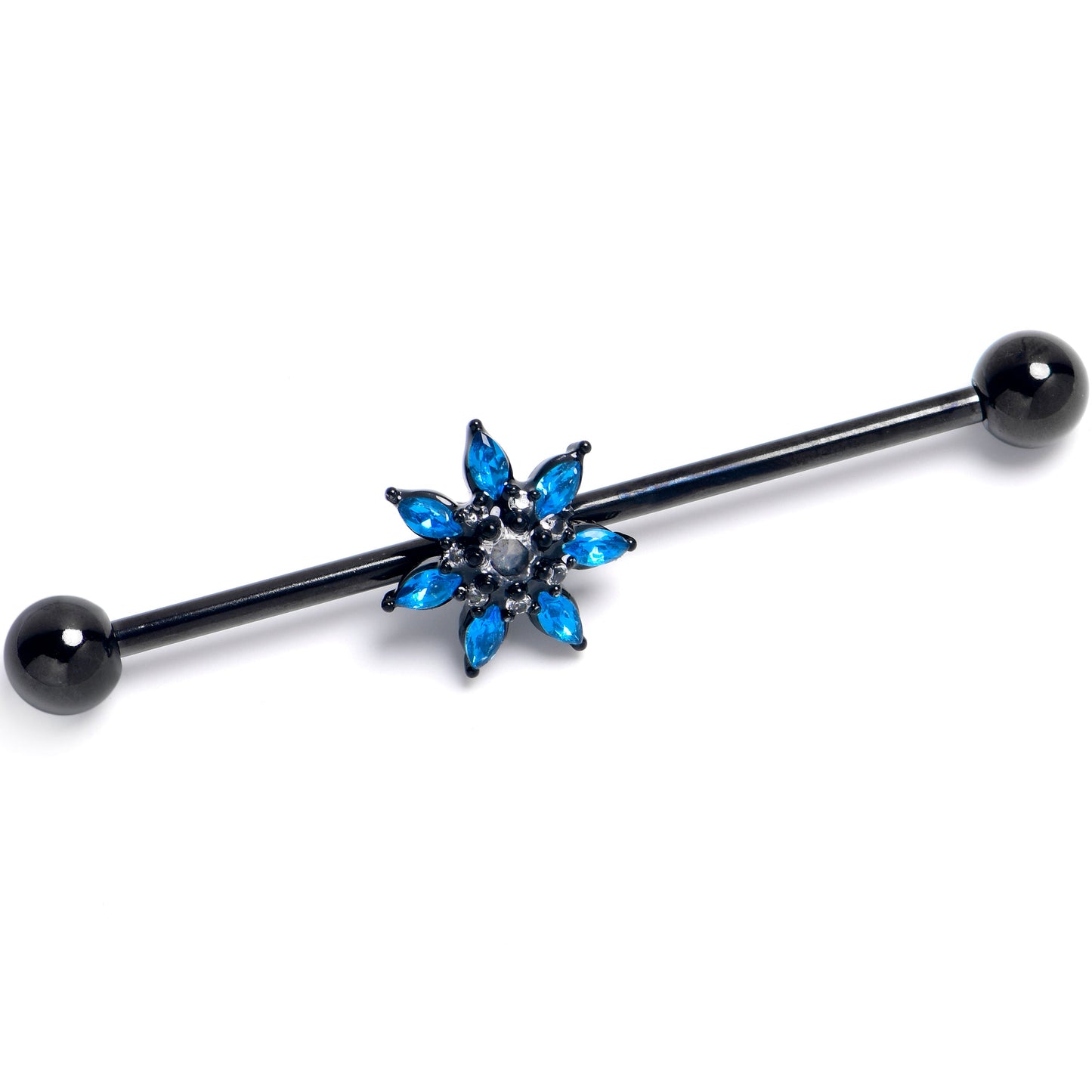 14G Blue Clear Gem Black Goth Flower Industrial Barbell 38mm