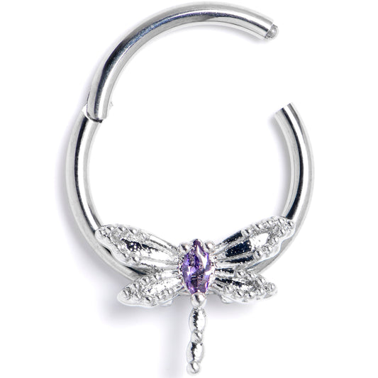 16G 3/8 Purple Gem Texture Dragonfly Hinged Segment Ring