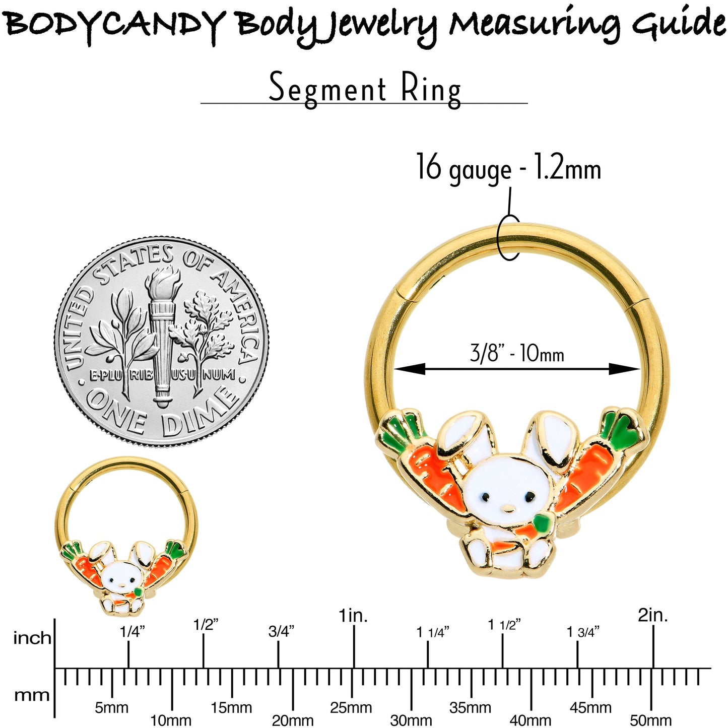 16G 3/8 Gold Tone Cutie Easter Bunny Hinged Segment Ring