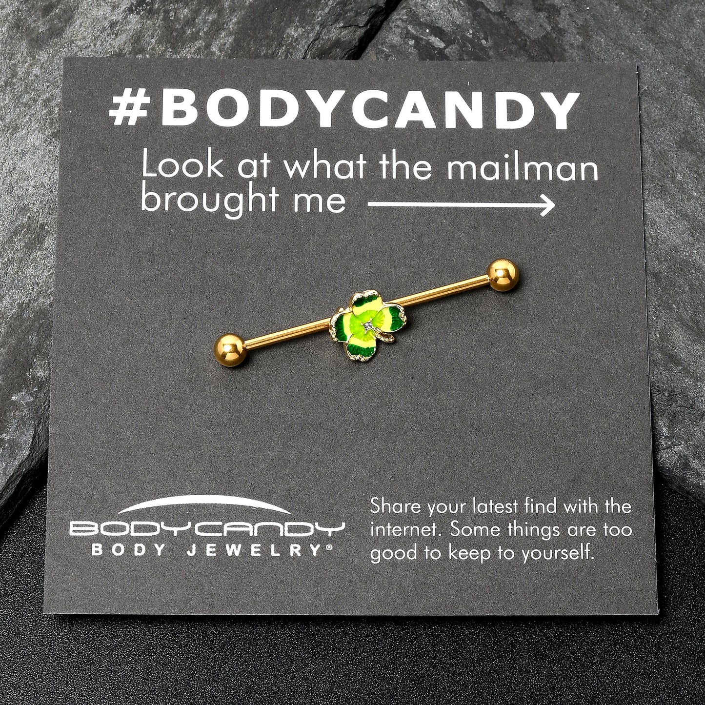 14G Clear Gem Gold Tone Lucky Shamrock Industrial Barbell 38mm