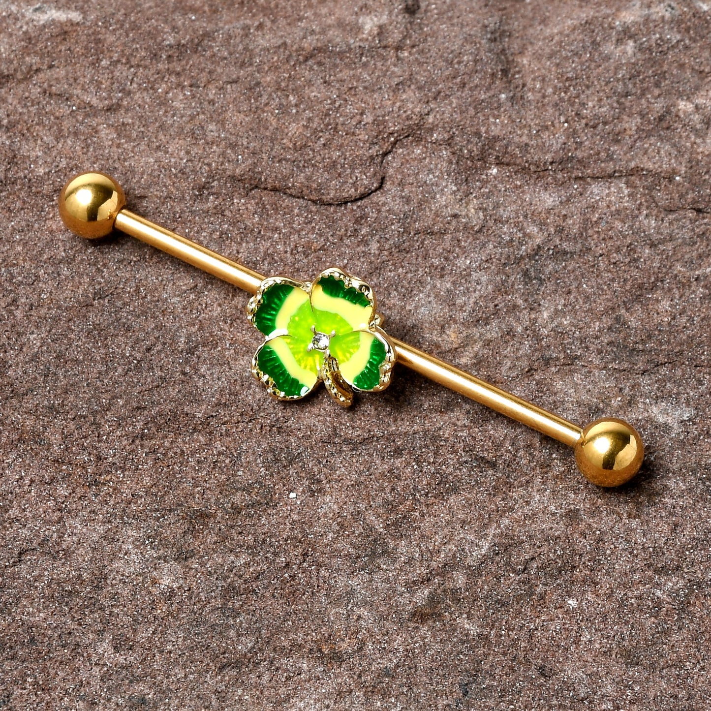 14G Clear Gem Gold Tone Lucky Shamrock Industrial Barbell 38mm