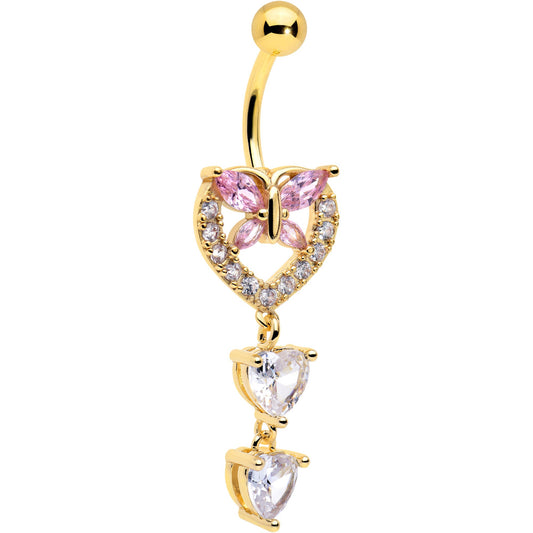 Clear Pink CZ Gem Gold Tone Heart Butterfly Double Dangle Belly Ring