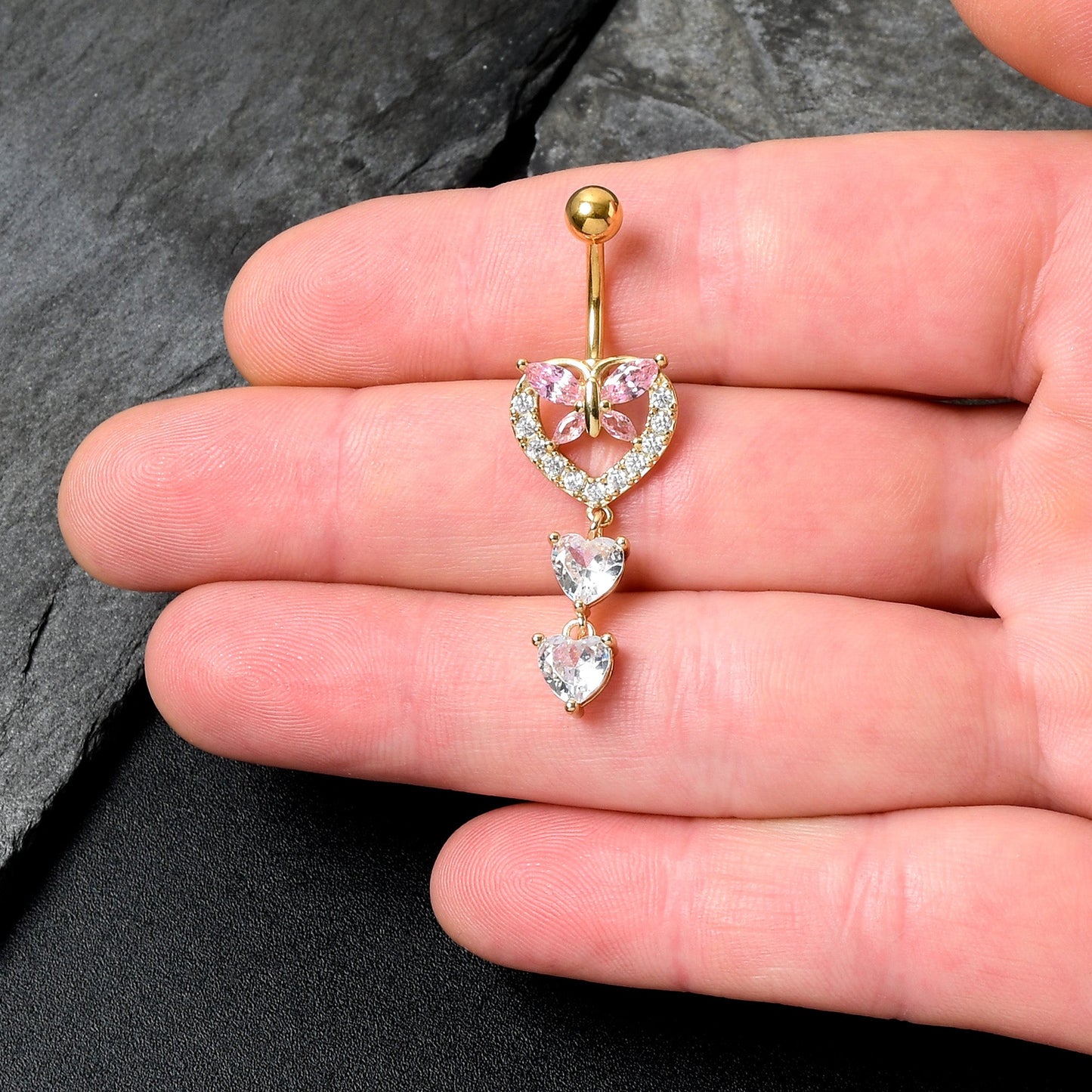Clear Pink CZ Gem Gold Tone Heart Butterfly Double Dangle Belly Ring