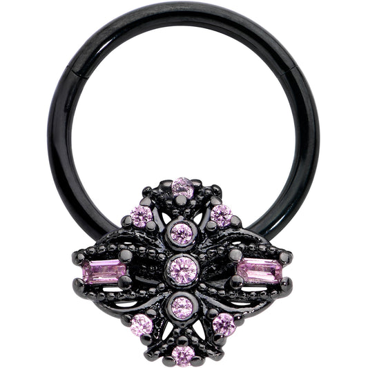 16G 3/8 Pink Gem Black Opulent Cross Hinged Segment Ring