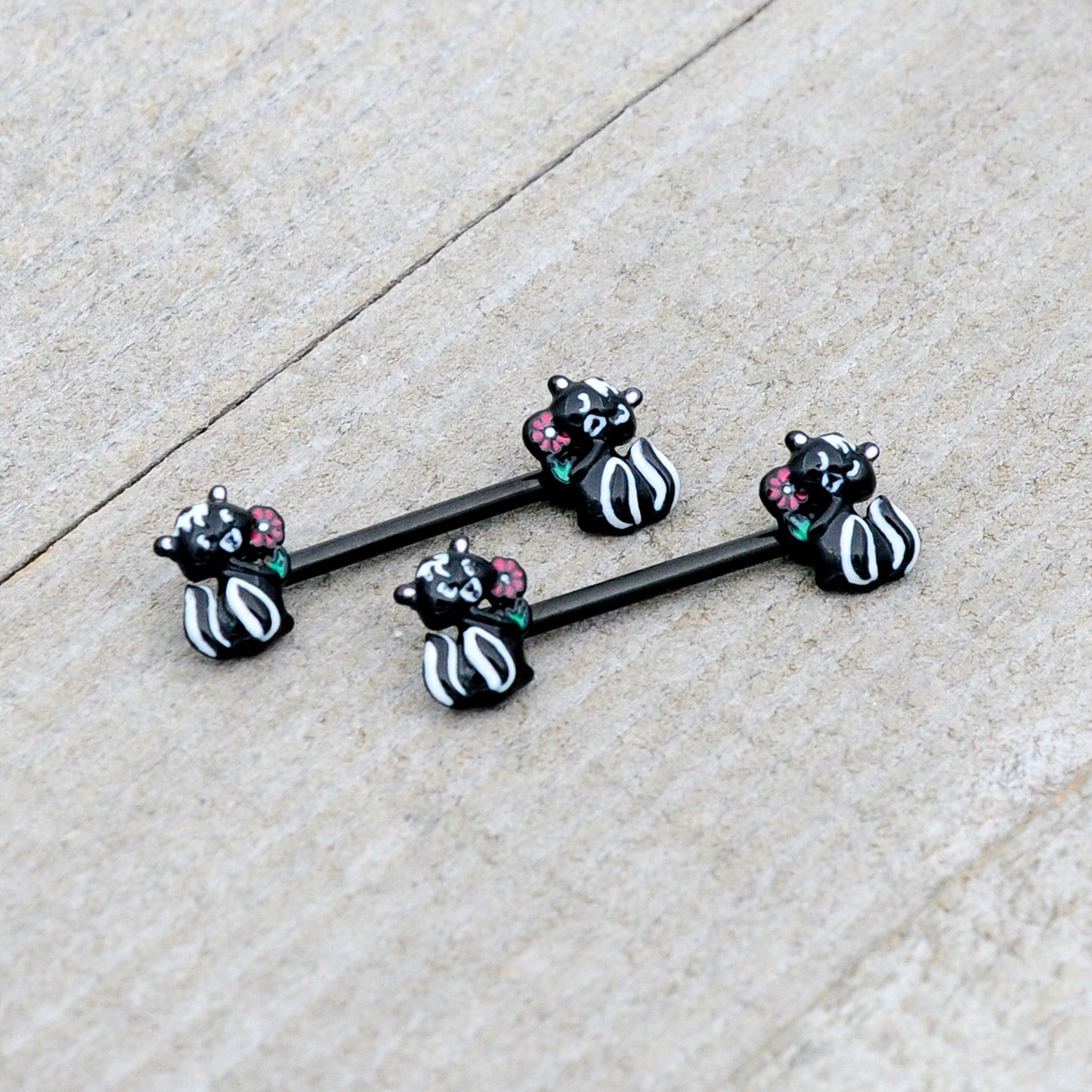 14G 9/16 Black Funky Skunk Barbell Nipple Ring Set