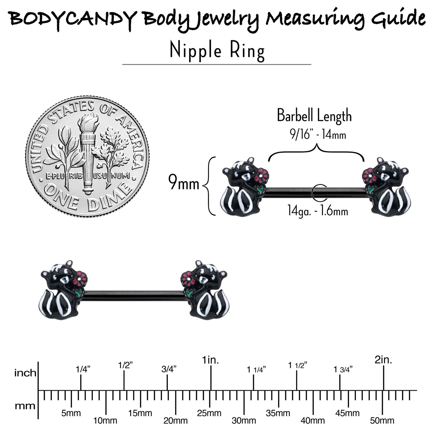 14G 9/16 Black Funky Skunk Barbell Nipple Ring Set