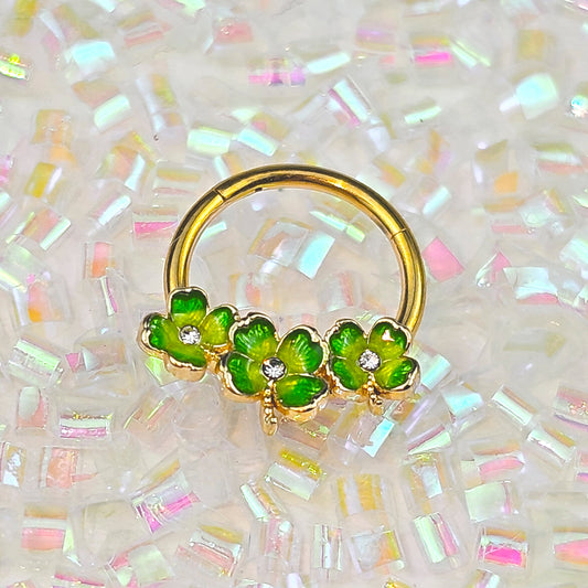 16G 3/8 Clear Gem Gold Tone Lucky Shamrock Hinged Segment Ring