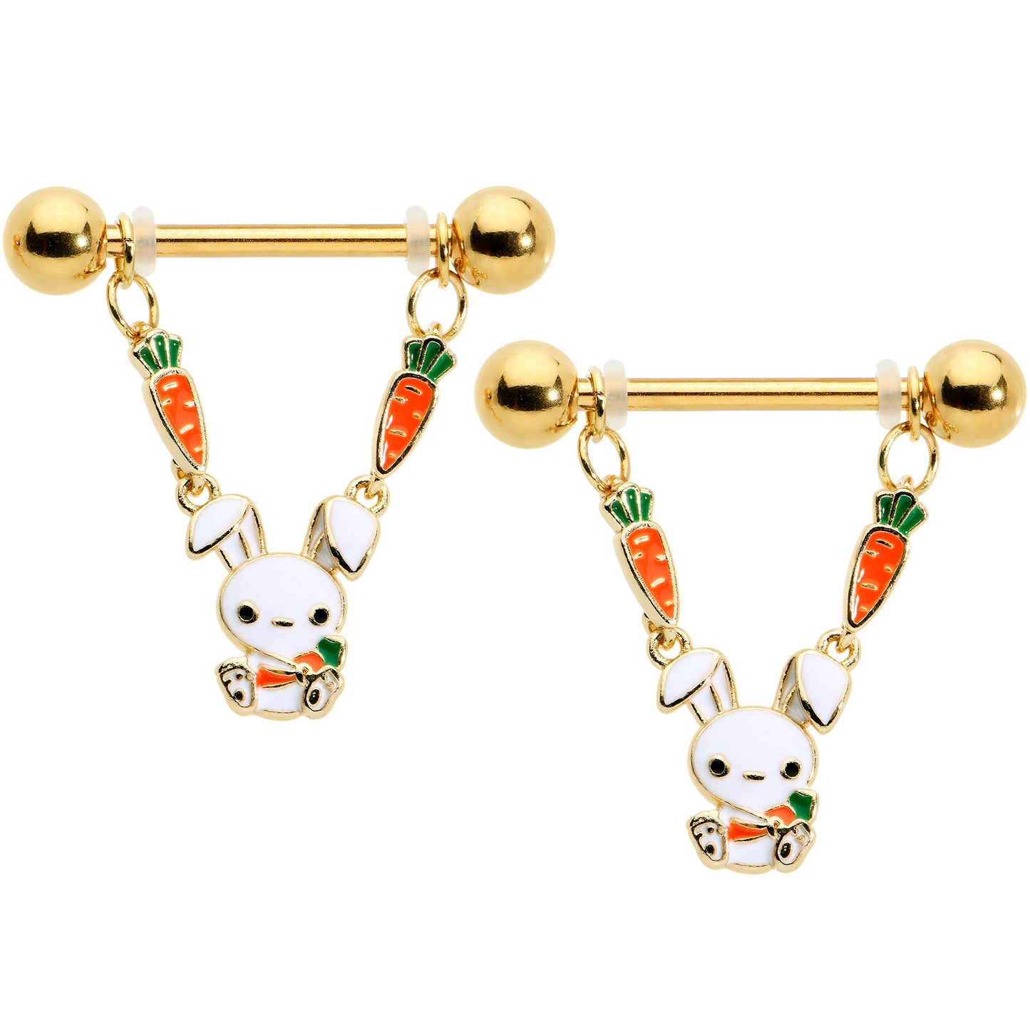 14G 9/16 Gold Tone Cutie Easter Bunny Dangle Nipple Ring Set