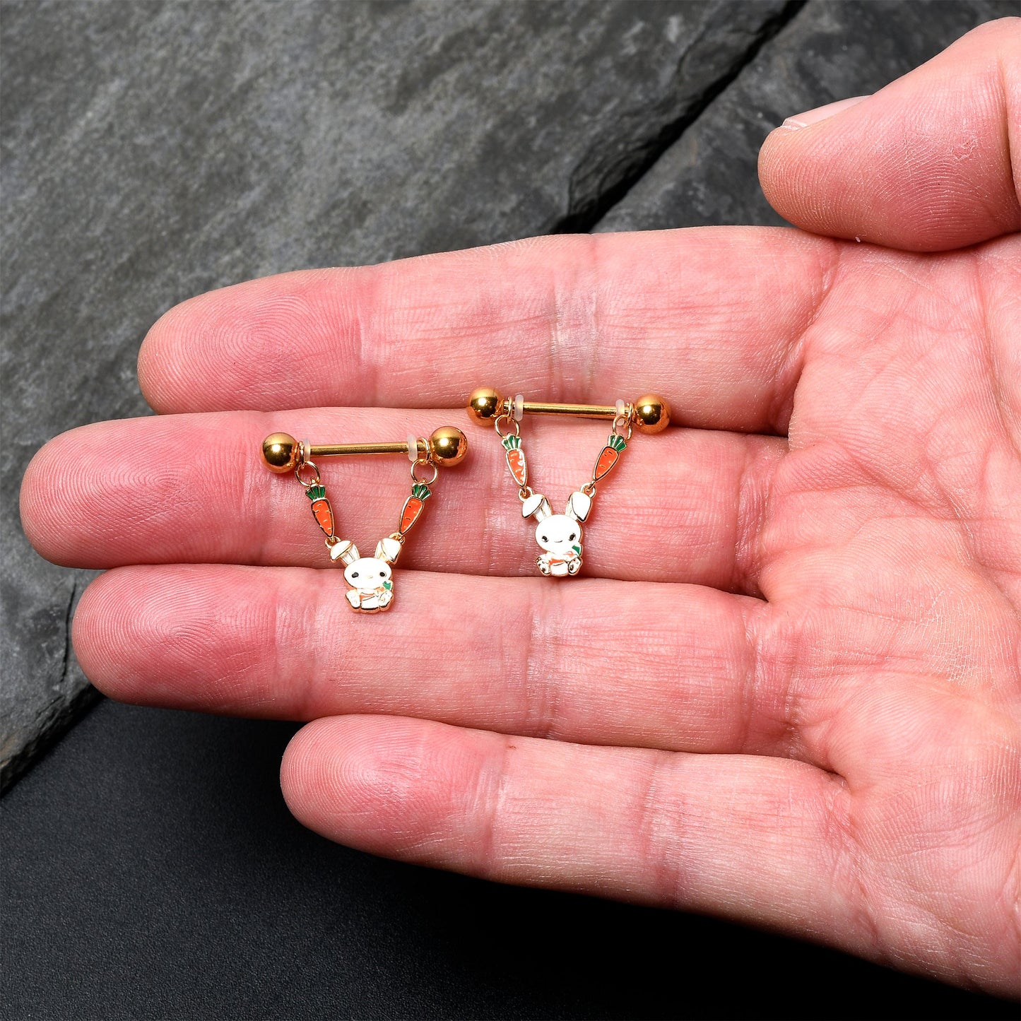 14G 9/16 Gold Tone Cutie Easter Bunny Dangle Nipple Ring Set