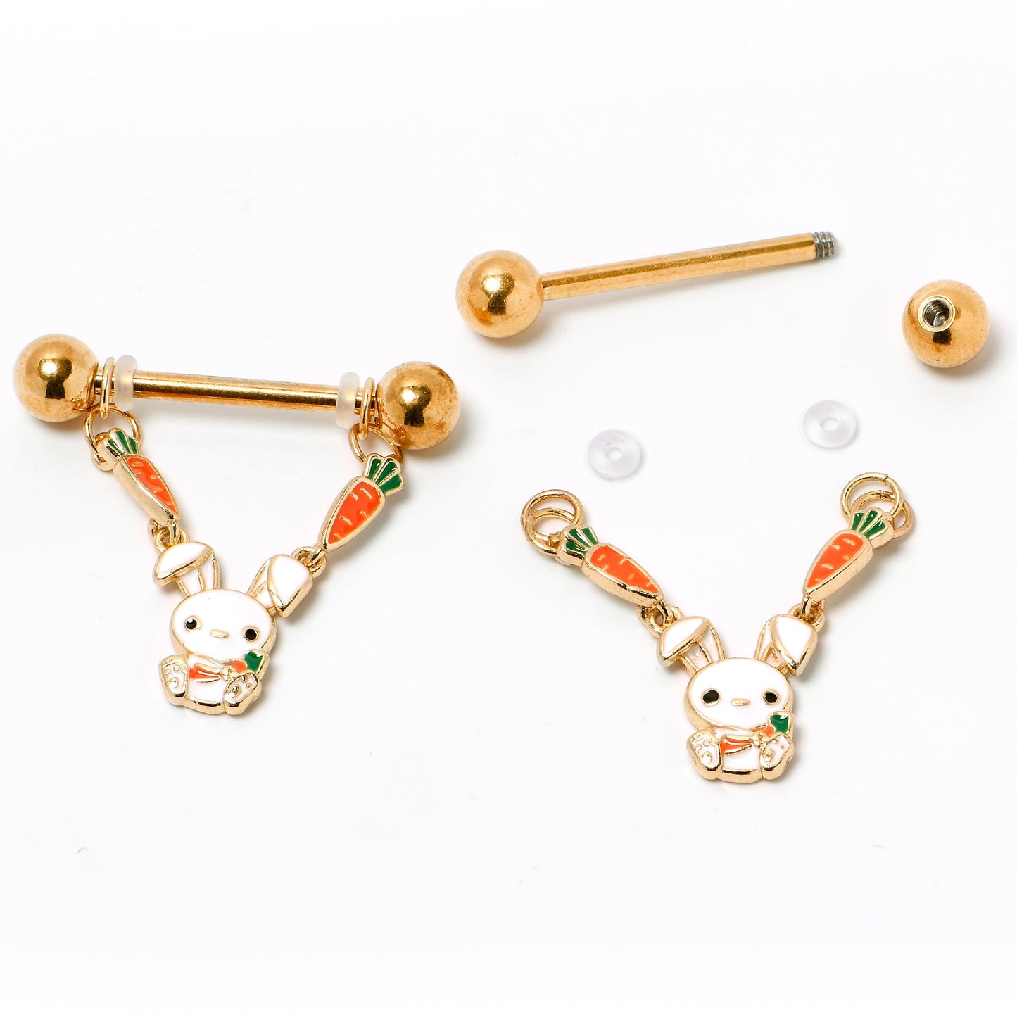14G 9/16 Gold Tone Cutie Easter Bunny Dangle Nipple Ring Set