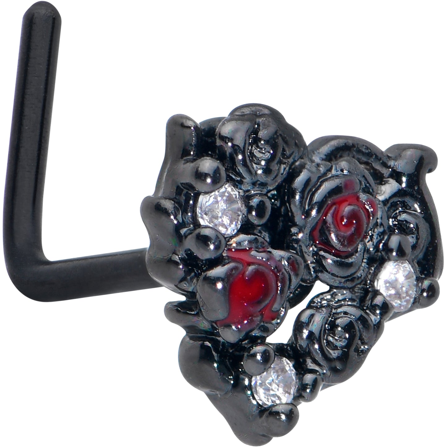 20G 7mm Red Clear Gem Black Floral Heart L Shape Nose Ring