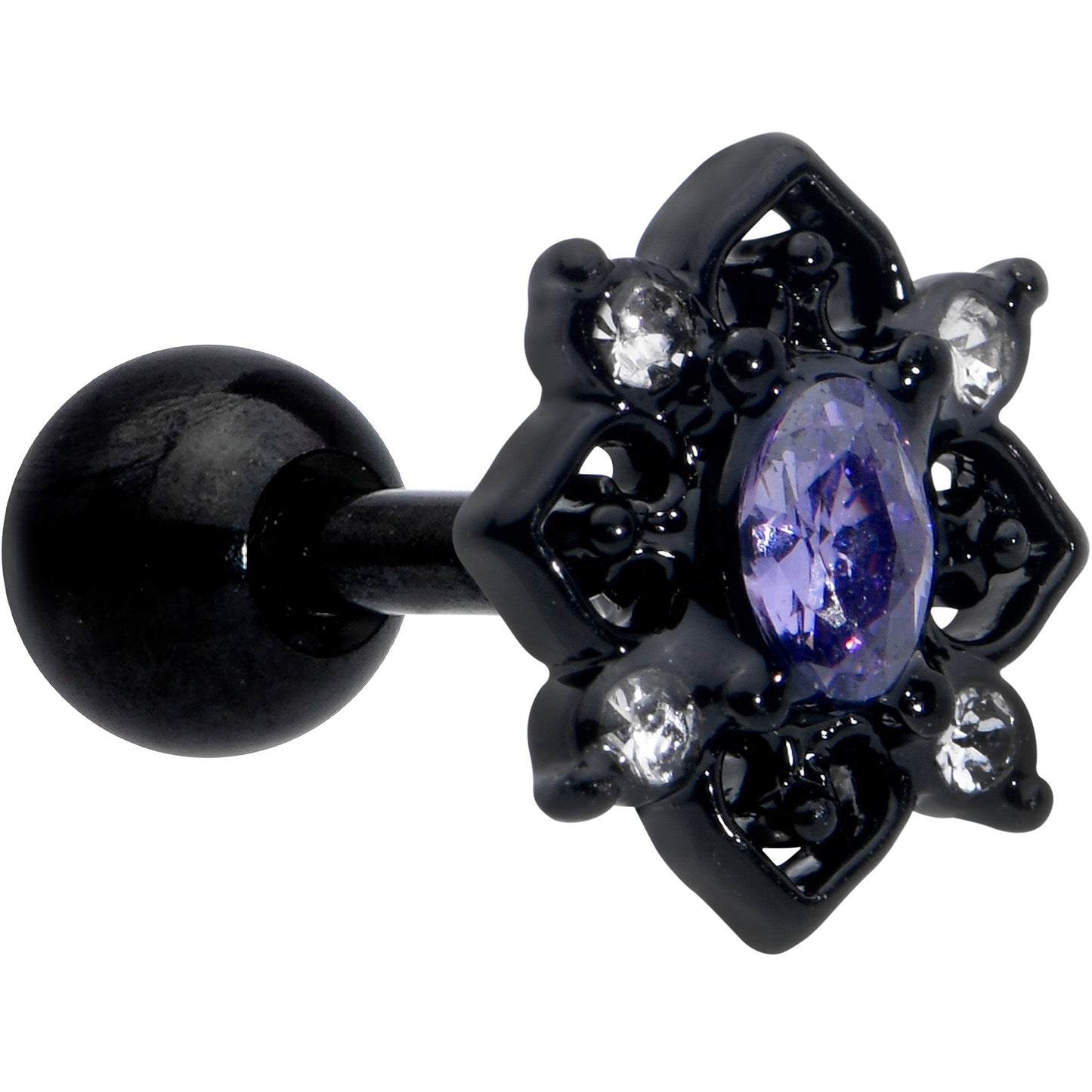 16G 1/4 Purple Gem Black Scrolling Hearts Cartilage Tragus Earring