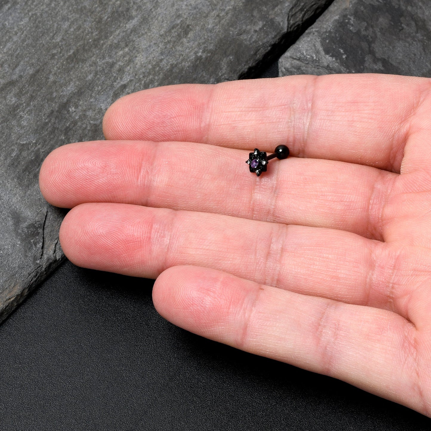 16G 1/4 Purple Gem Black Scrolling Hearts Cartilage Tragus Earring