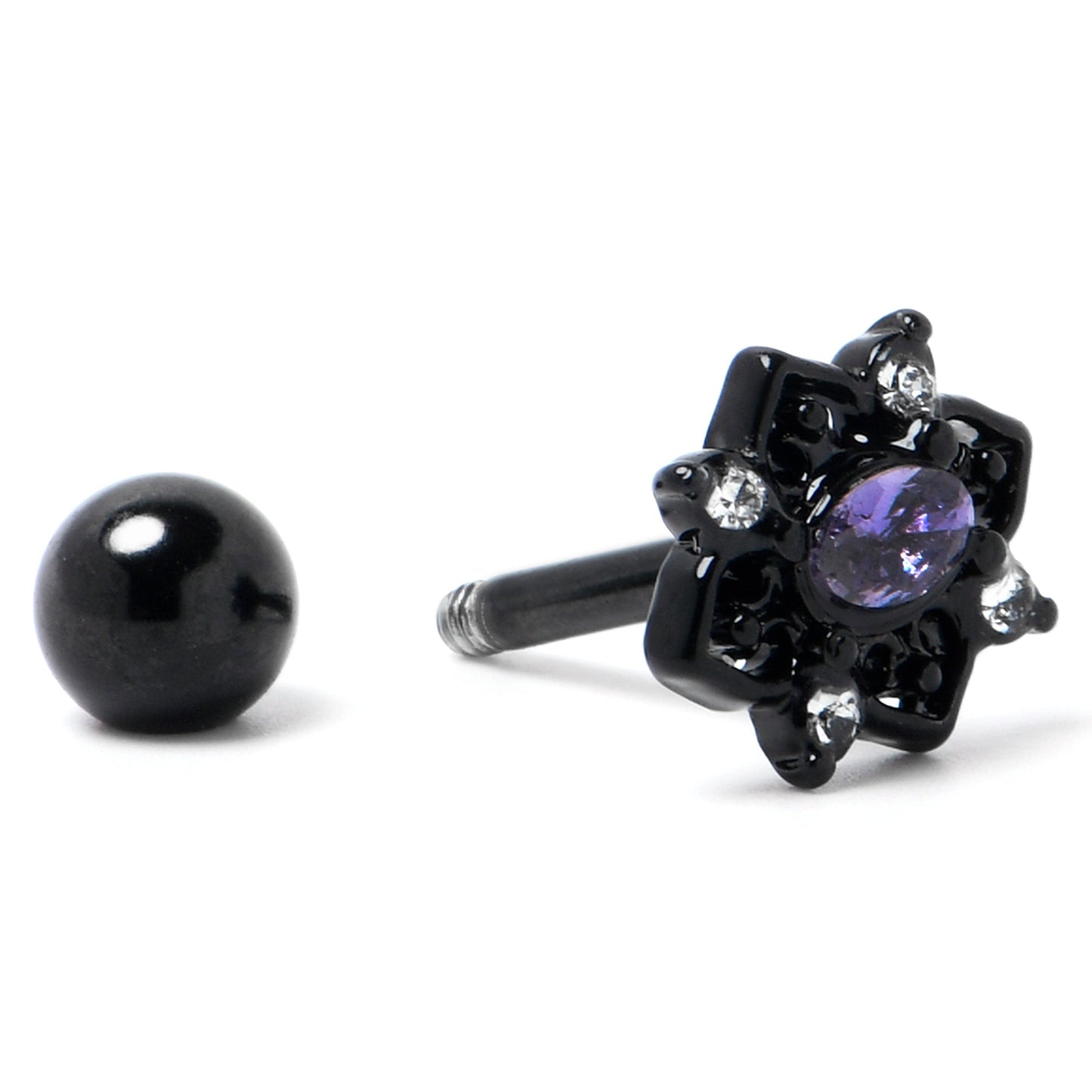 16G 1/4 Purple Gem Black Scrolling Hearts Cartilage Tragus Earring