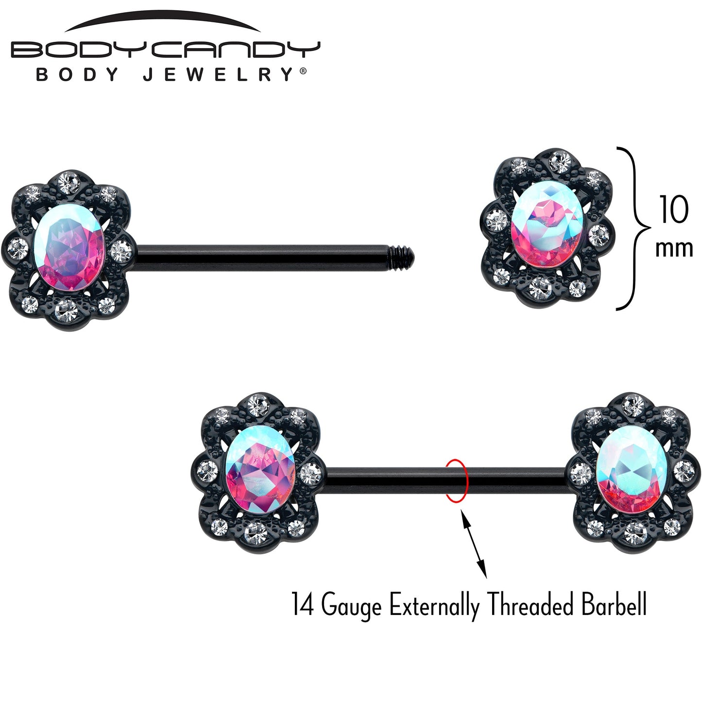 14G 9/16 Aurora Gem Black Filigree Fantasy Barbell Nipple Ring Set