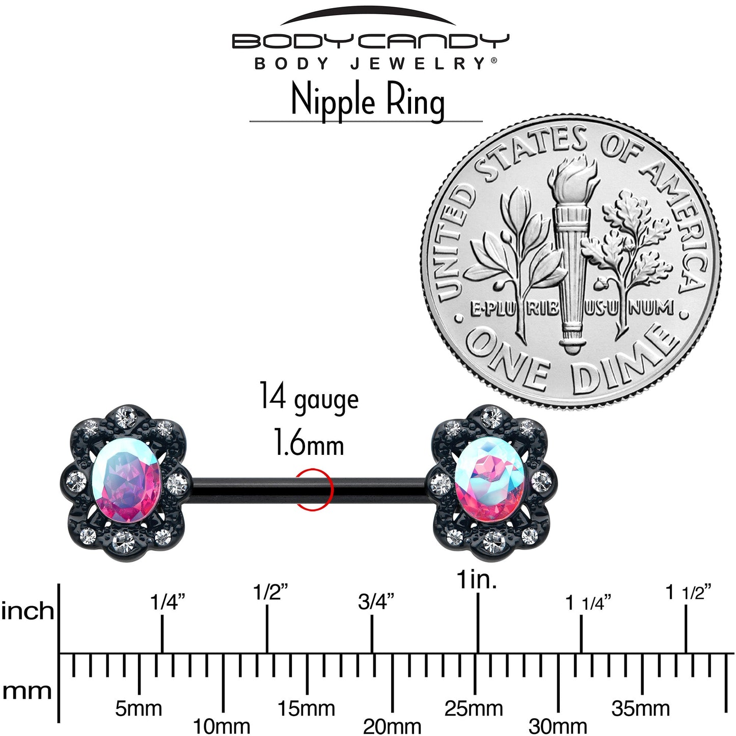 14G 9/16 Aurora Gem Black Filigree Fantasy Barbell Nipple Ring Set