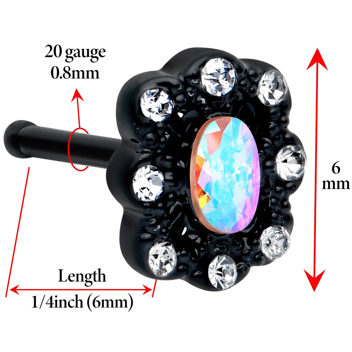 20G 1/4 Aurora Gem Black Filigree Fantasy Nose Bone